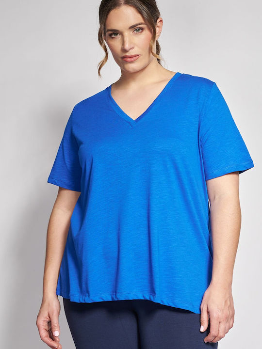 Bluza Damă Bumbac Mâneci Scurte cu Decolteu în V Albastră