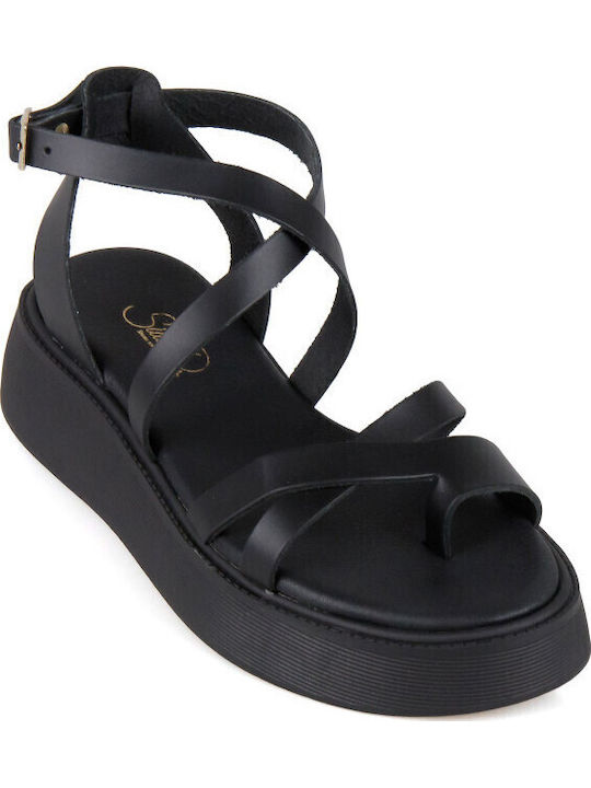 Leather Women's Flat Sandals Flatforms Black