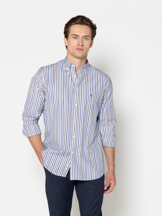 Acorn Long Sleeve Shirt in Regular Fit Striped Blue-Brown