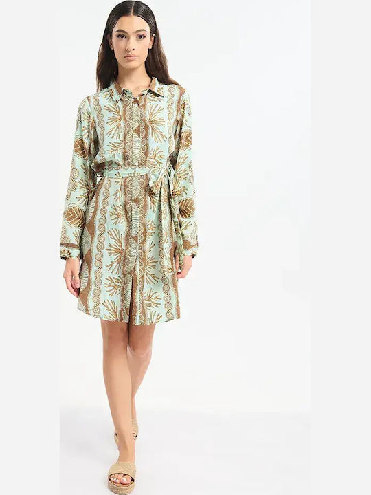 Long Sleeve Women's Silky Shirt Turquoise/Brown