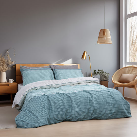 Lino Home Cotton Duvet Cover Set 230x250cm King Size with 2 Pillowcases Releaf Petrol Blue