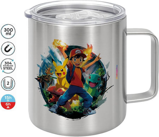 Koupakoupa Ash Ketchum & Pikachu Κούπες Μεταλλική με Καπάκι Γκρί 300ml