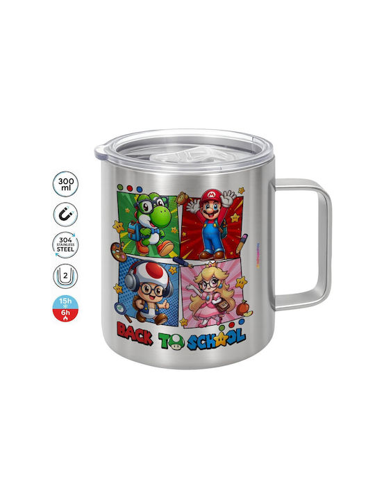 Koupakoupa Back To The School Mario & Friends Metallic Mug with Lid Silver 300ml