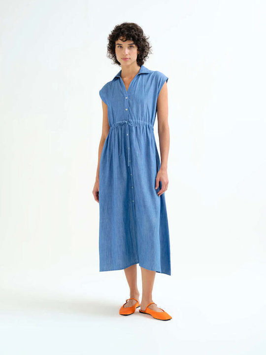 Summer Midi Seersucker Dress Light Blue