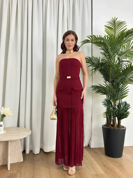 Sommer Maxi Damenkleid für Hochzeit - Taufe Trägerlos mit Tüll Burgundisch