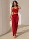 Women's Red Set with High Rise Straight Leg Trousers