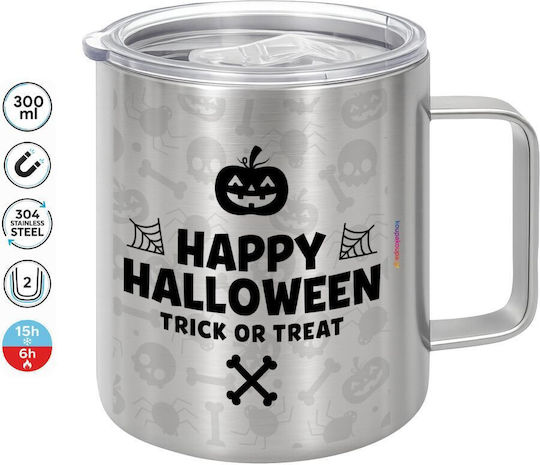 Koupakoupa Happy Halloween Pumpkin Tasse Mit Deckel Metallisch Silber 300ml