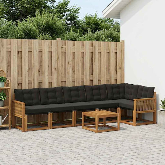 vidaXL Garden & Outdoor Furniture Set 7 Pieces Natural and Black with Pillows