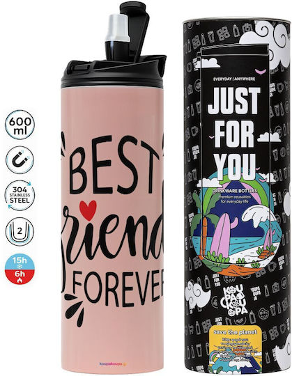 Koupakoupa Best Stainless Steel Thermos Bottle BPA Free 600ml Pink with Straw and Handle