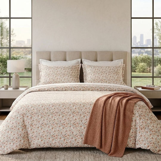 Pucioasa Cotton Satin Duvet Cover Set 200x230cm Double With 2 Pillowcases & 1 Bed Sheet Peach Pink Little Flowers