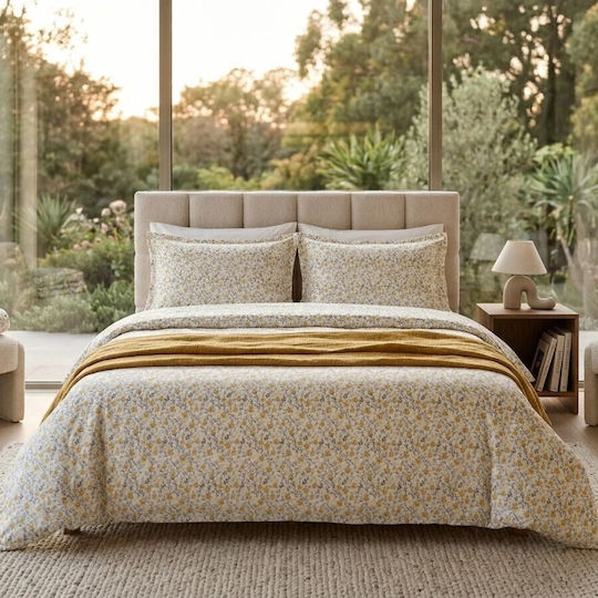 Pucioasa Set Huse Pentru Pilote Bumbac Satinat 200x230cm Dublu Cu 2 Fețe De Pernă & 1 Cearșaf Galbene Little Flowers