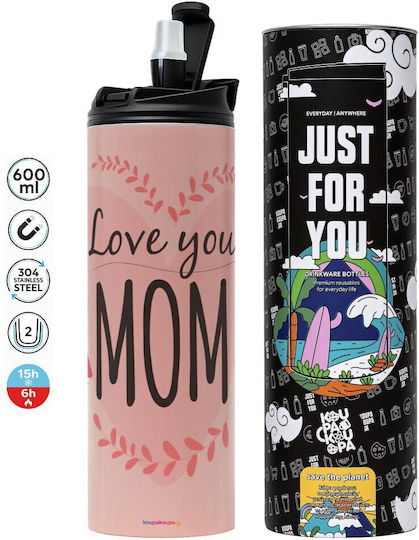 Koupakoupa Mom Heart Stainless Steel Thermos Bottle BPA Free 600ml Pink with Straw and Handle