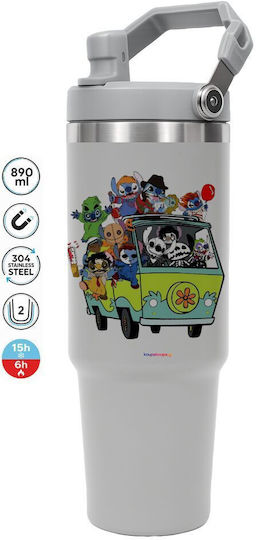 Koupakoupa Stainless Steel Thermos Bottle Halloween Scooby Handled 890ml Gray with Straw and Handle