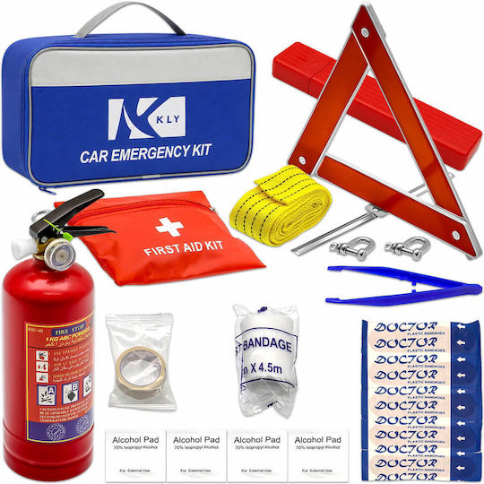 KLY Auto-Notfall-Kits Feuerlöscher Dreieck Riemen Abschleppgurt Erste-Hilfe-Tasche Notfallkoffer