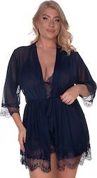 Σετ Νεγκλιζέ Plus Size Κιμονό Διαφάνεια Δαντέλα Μπλε