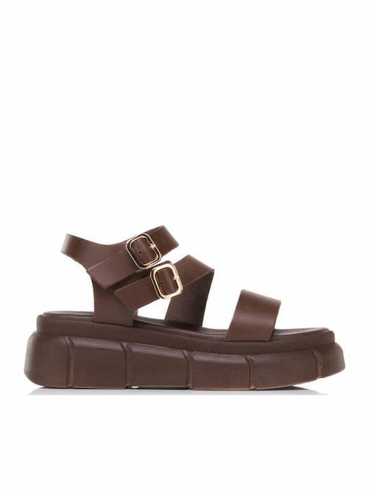 Δερμάτινα Γυναικεία Σανδάλια Flatforms Καφέ