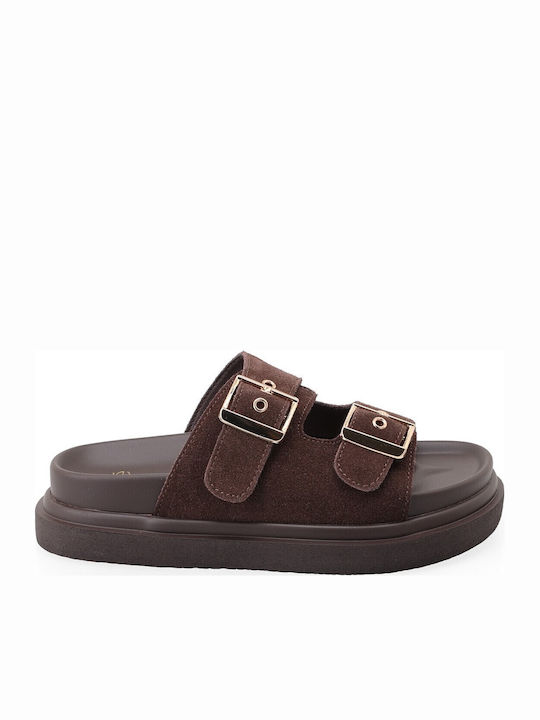 Exe Δερμάτινα Γυναικεία Σανδάλια Flatforms Καφέ