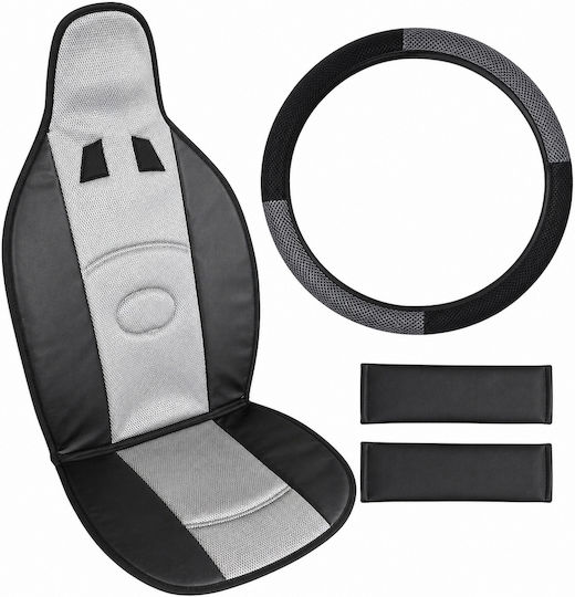 Universal Car Seat Cushion Set 5 Pieces Steering Wheel Cover & Seat Belt Protectors Pvc & Non-Slip Sponge Gray Black
