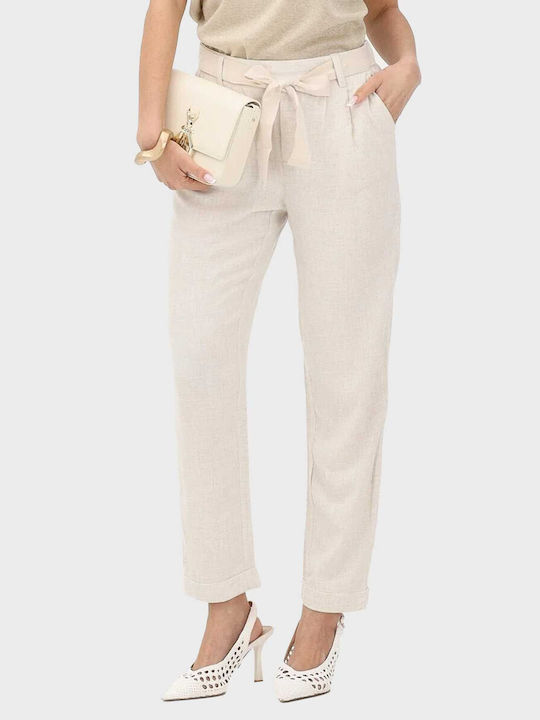 Women's Fabric Trousers with Rubber Band Ecru