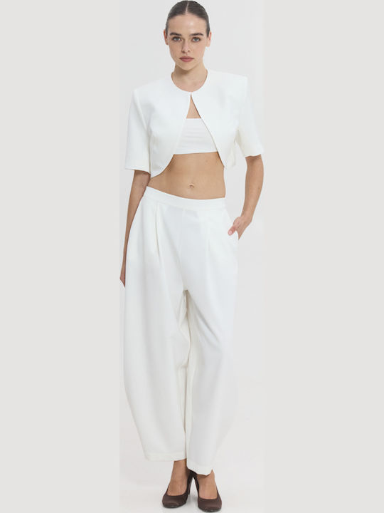 Women's Fabric Trousers in Balloon Leg Style Off White