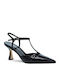 Leder Spitze Zehe Pumps mit Riemen Schwarz