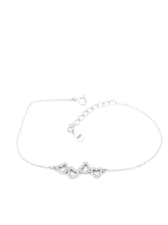 PS Silver Women's Chain Bracelet with Heart Design in Silver with Zircon