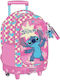 Must Team Stitch School Trolley Bag for Elementary Pink with Water Bottle Holder 30lt
