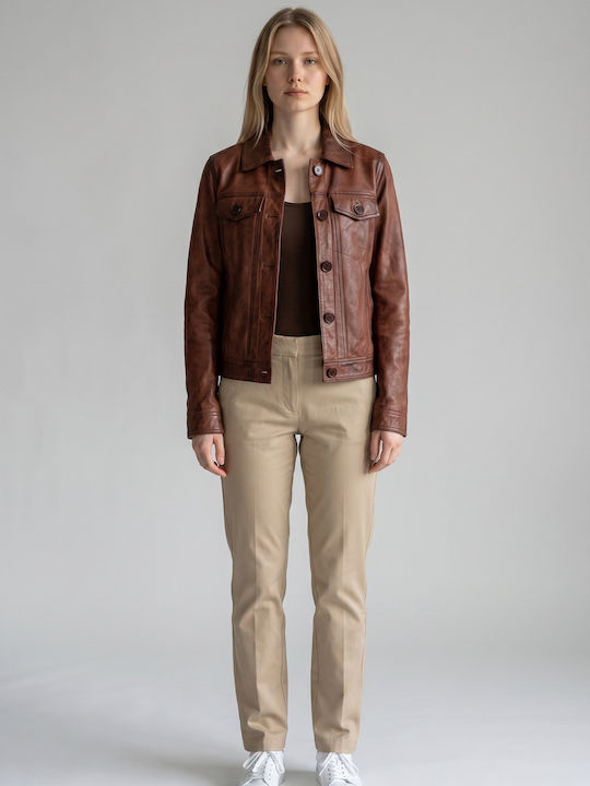 Leather Women's Jacket for Winter Cognac
