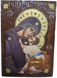 Holy Mary Glykofilousa Icon Embossed Canvas Pine Wood Dimensions 65 X 46 cm