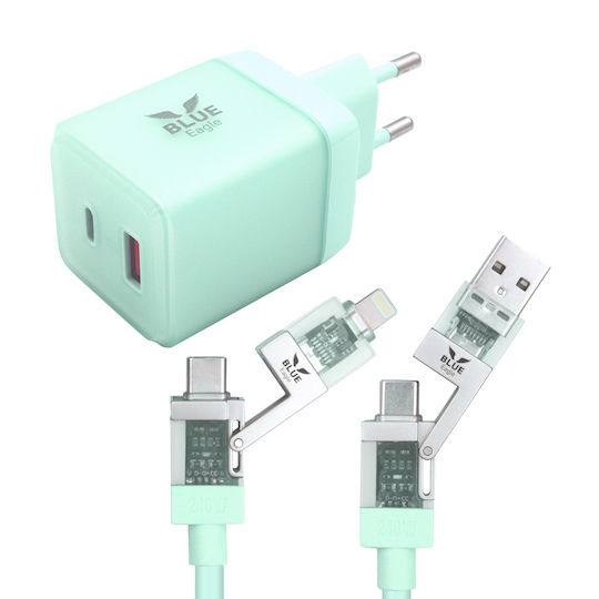 Blue Eagle Зарядно Устройство GaN с USB-A Порт и USB-C Порт и USB-C Кабел 70W Power Delivery Зелен (BE-CHWC-02)