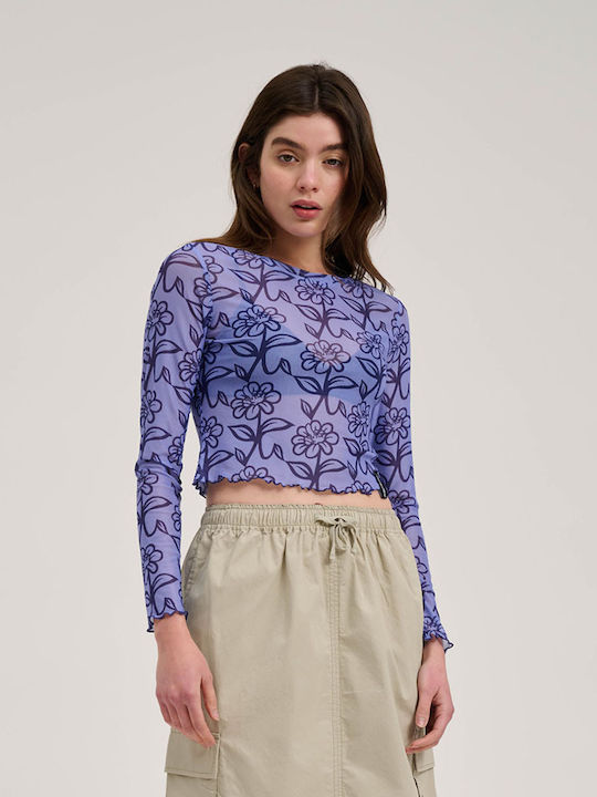 Women's Crop Top Long Sleeve Floral Dark Blue