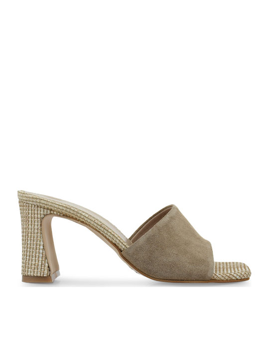 Suede Mules With High Heel In Brown Colour