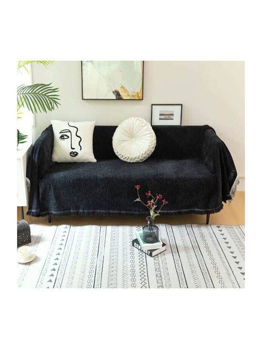 SpitiBazaar Four-Seater Sofa Throw Chenille 180x320cm Black