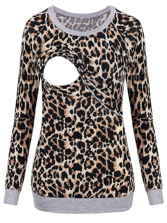 Γυναικεία Μακρυμάνικη Μπλούζα Θηλασμού Animal Print Καφέ Πολυεστέρας