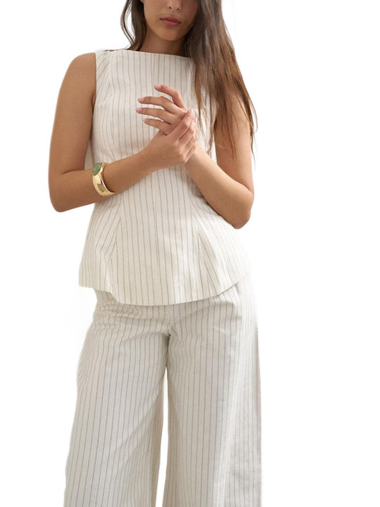 Women's Cotton Sleeveless Striped Ecru-Black Blouse