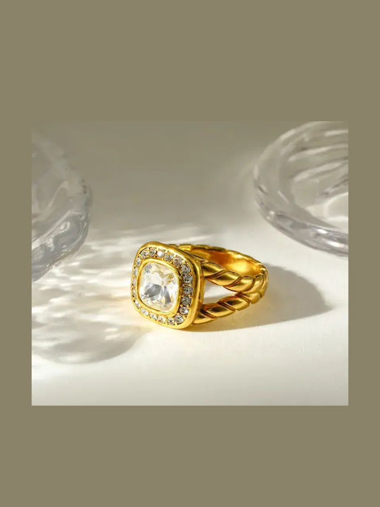 Women's Ring with Zircon Made of Gold Plated Steel