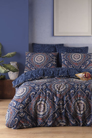 Eponj Home Подредба Пликове за Завивки 100% Памучна 200x220см Двойна с 2 Калъфки за Възглавници и 1 Чаршаф Син