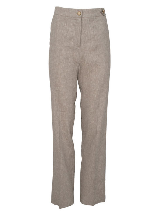 Damen Hochbund Leinen Hose in Gerader Bein Stil Beige