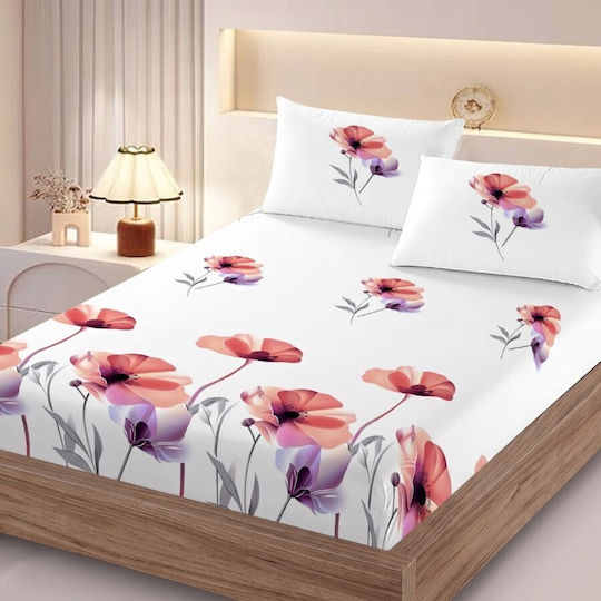 Pucioasa Super-Double Bed Sheet Set With 2 Pillowcases With Rubber Hugger 160x200cm Coral 3 Pieces