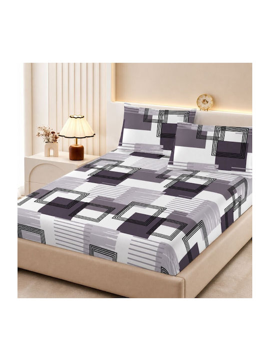 Pucioasa Set Cearceafuri De Pat Cu 2 Fețe De Pernă Super Dublu Cu Hugger Din Cauciuc 160x200cm Pătrate Gri (3 Bucăți)