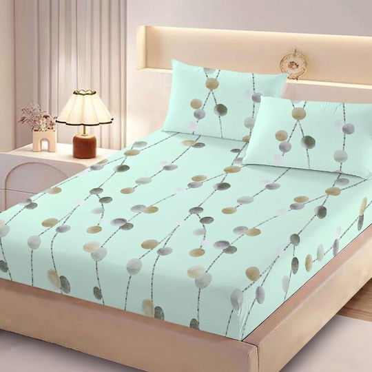 Pucioasa Super-Double Bed Sheets Set With Rubber Hugger 160x200cm Green With Polka Dots 3 Pieces