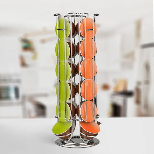 Поставка за Кафе Капсули Dolce Gusto 24 Капсули Въртяща Метална Хром Кухненски Органайзер
