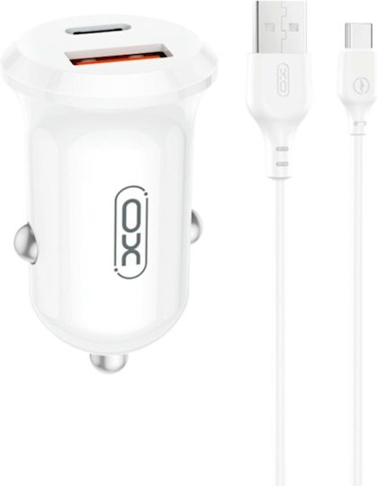 XO Car Charger 30W Fast Charging with Ports 1xUSB-A 1xType-C with Type-C Cable White Colour