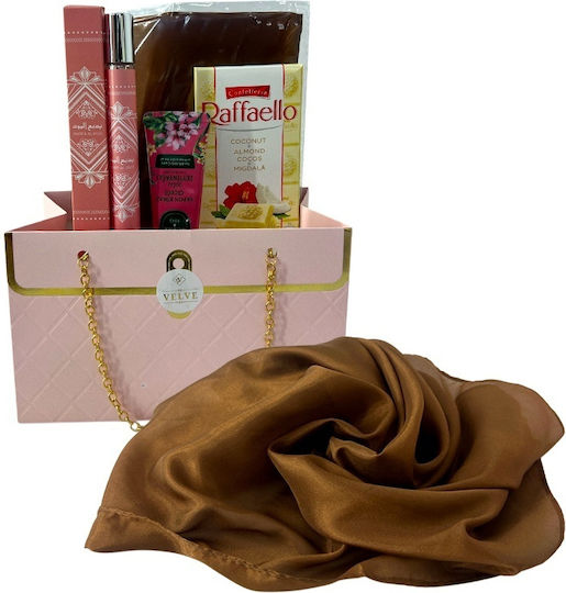 Set Premium Luxury Maro Eșarfă din Mătase Maro Parfum Badee Al Oud 35 Ml Cremă de Mâini Raffaello În Cutie Cadou în Formă de Geantă