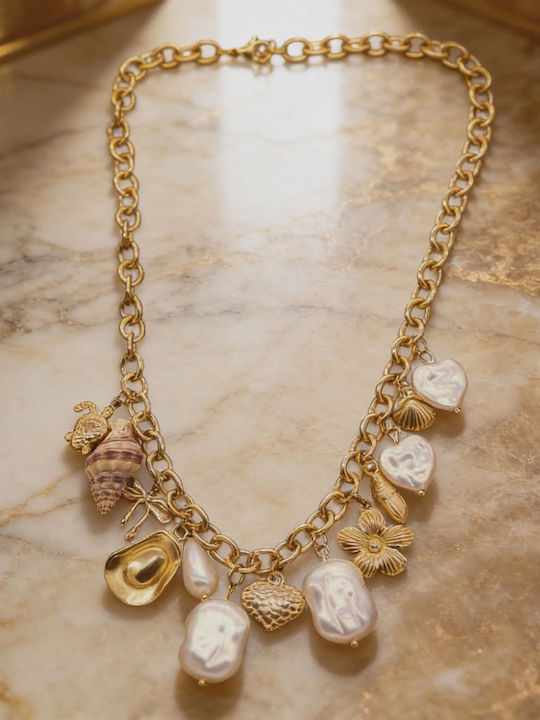 Pearl & Ocean Charm Necklace In Stainless Steel
