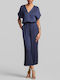 Women's Satin Capri Trousers with Rubber Band in Straight Leg Blue