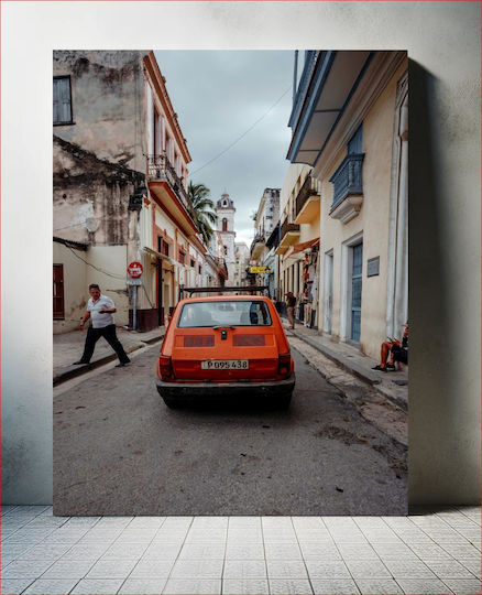 Painting Orange Car On A Vintage Street Orange Car On A Vintage Street 40x65
