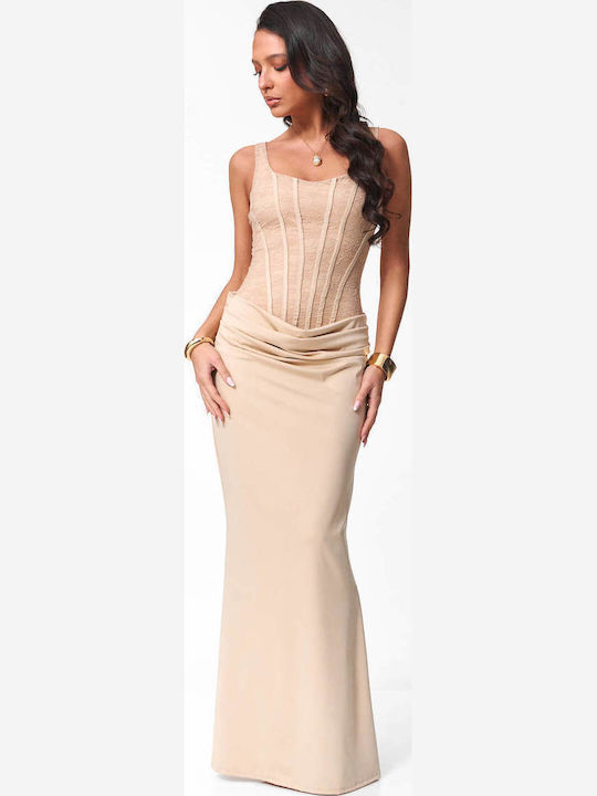 Decoro Summer Maxi Evening Dress with Lace Beige