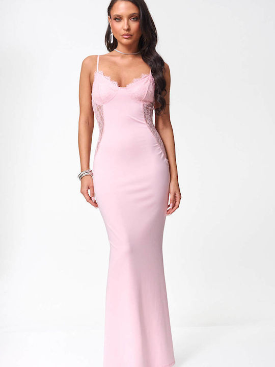 Decoro Summer Maxi Evening Dress with Lace Pink