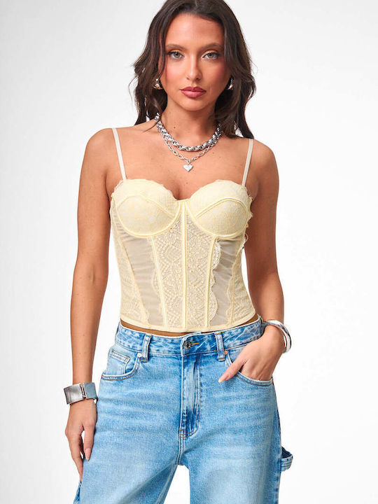 Decoro Women's Blouse Corset Top with Lace Yellow